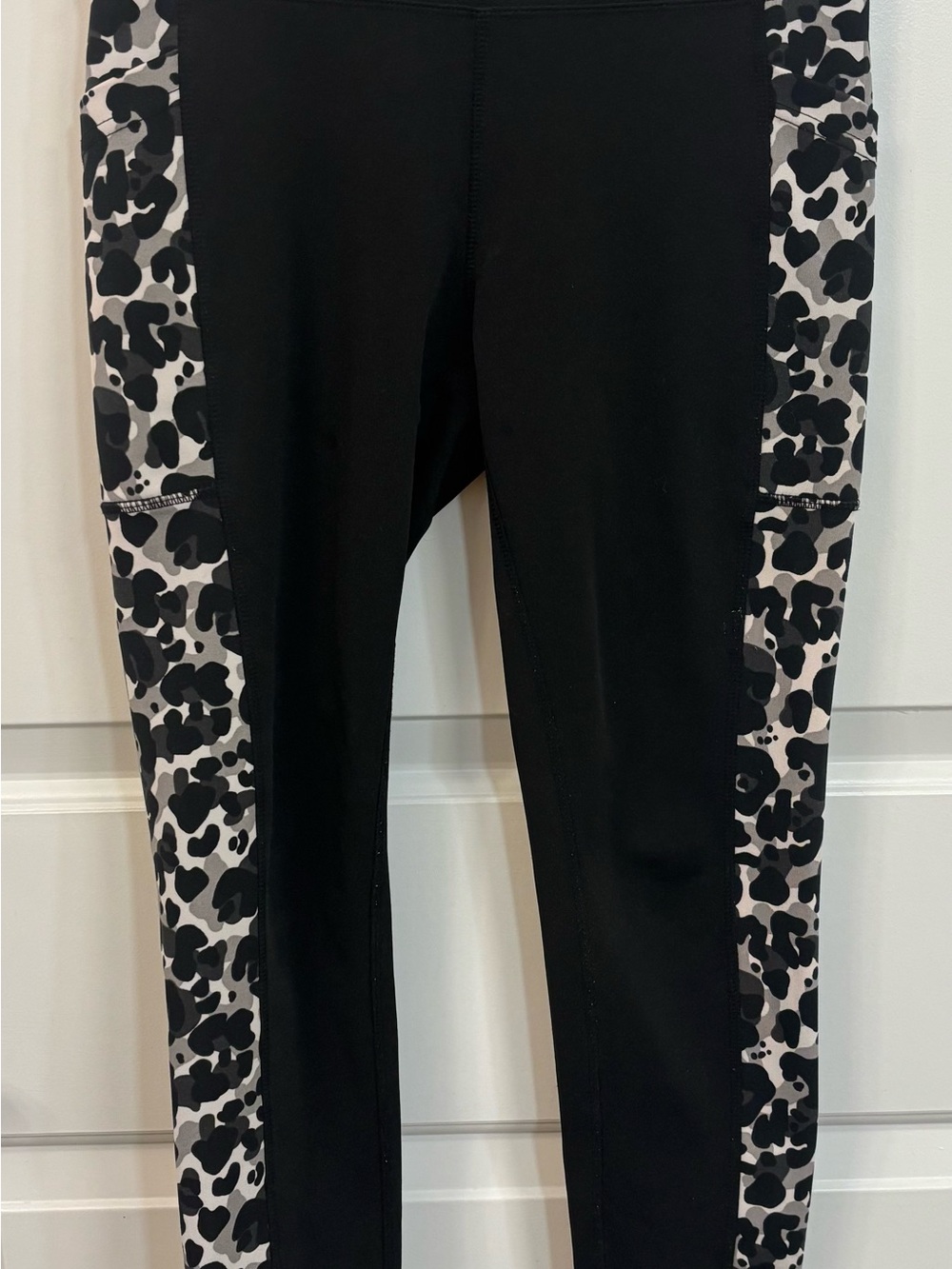 Nicole Miller Sport Black Leggings with Black & Gray Leopard Side Panels